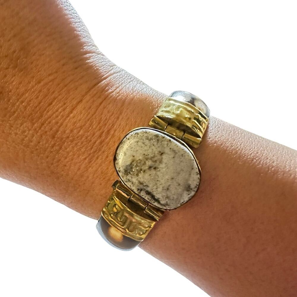 VINTAGE BONE HINGED CUFF BANGLE BRACELET BRASS ACCENTS GEMSTONE - NWOT